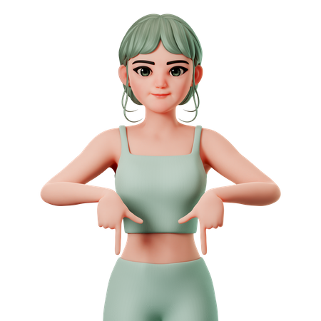 Sport Girl Pointing To Down Side Using Both Hand  3D Illustration