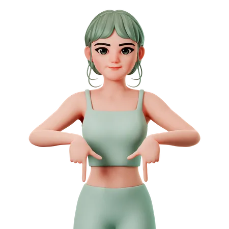 Sport Girl Pointing To Down Side Using Both Hand  3D Illustration