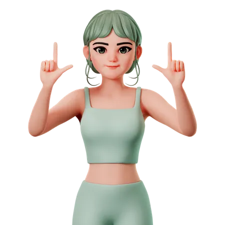Sport Girl Pointing To Top Side Using Both Hand  3D Illustration