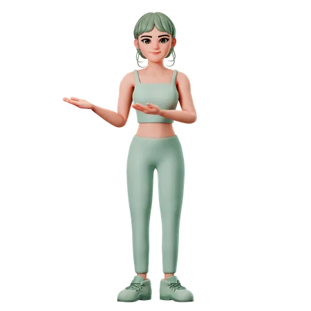 Sport Girl Presenting To Left Side Using Both Hand  3D Illustration