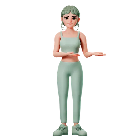 Sport Girl Presenting To Right Side Using Both Hand  3D Illustration