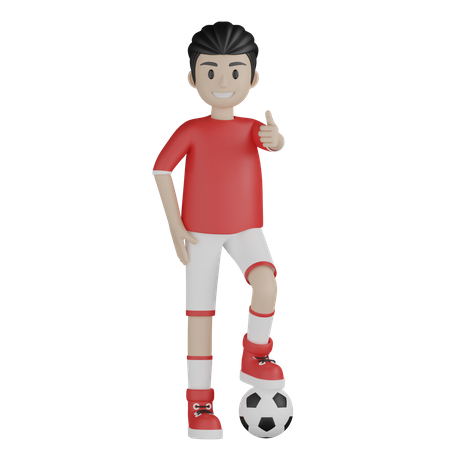 Sportjunge zeigt Daumen hoch und macht sich bereit zum Fußballspielen  3D Illustration