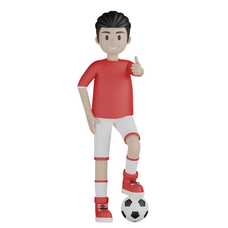 Sportjunge zeigt Daumen hoch und macht sich bereit zum Fußballspielen  3D Illustration