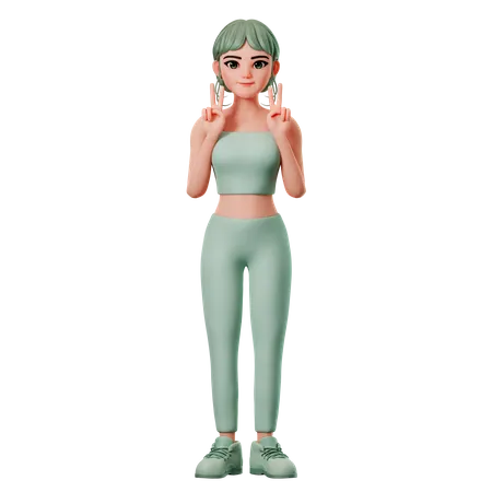 Sportliches Mädchen zeigt Friedensgeste mit beiden Händen  3D Illustration