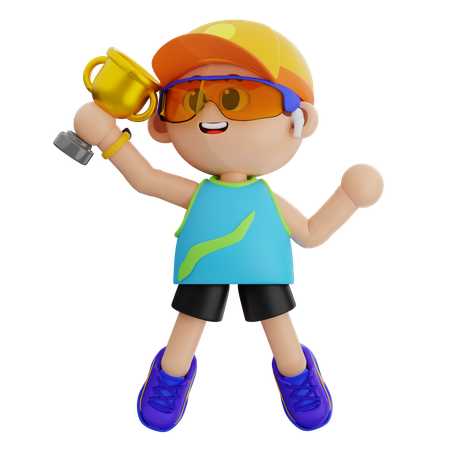 Sports Boy Holding Trophy Cup  3D Icon