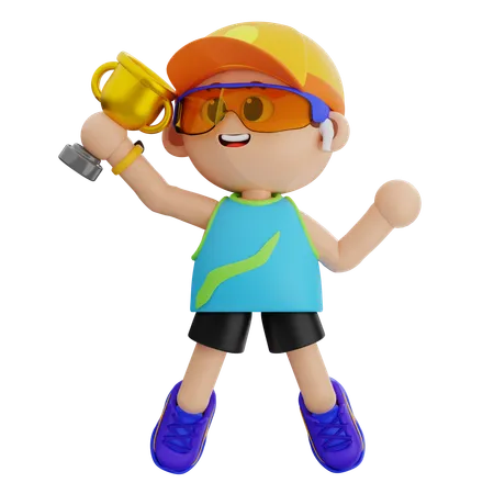 Sports Boy Holding Trophy Cup  3D Icon