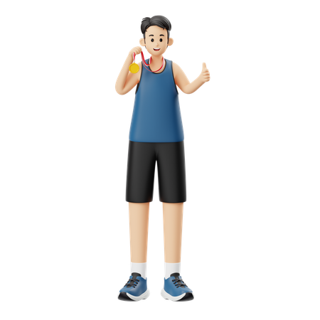 Sports Man Holding Medal  3D Illustration