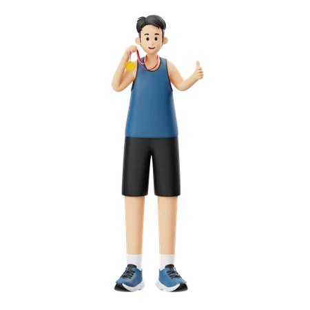 Sports Man Holding Medal  3D Illustration