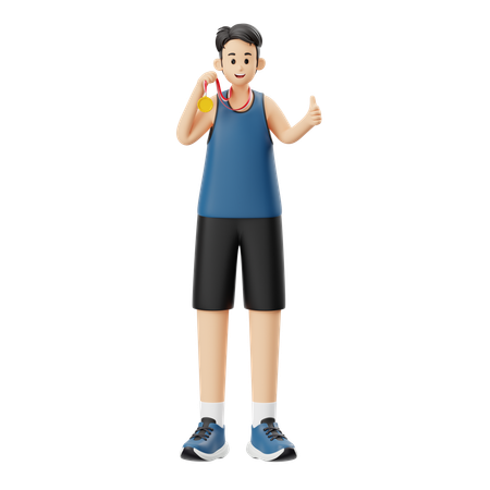 Sports Man Holding Medal  3D Illustration