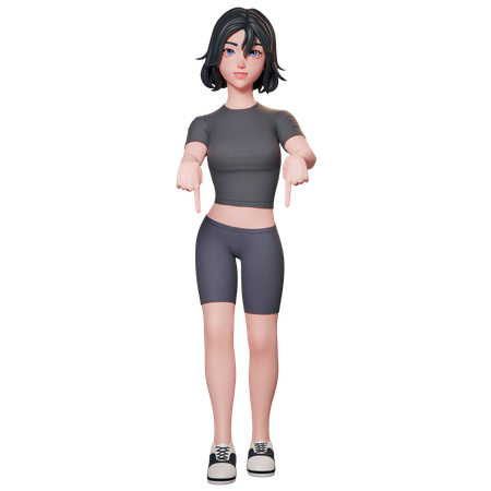 Sporty Girl In Black Pointing Down Using Her Both Hands  3D Icon