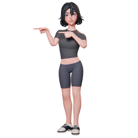 Sporty Girl In Black Pointing To Left Side Using Her Both Hands  3D Illustration