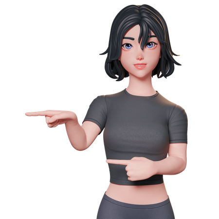 Sporty Girl In Black Pointing To Left Side Using Her Both Hands  3D Illustration