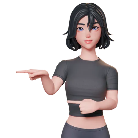 Sporty Girl In Black Pointing To Left Side Using Her Both Hands  3D Illustration