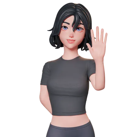 Sporty Girl In Black Raise Her And Showing Greeting Hand Gesture Using Her Right Hand Waving Hand  3D Illustration