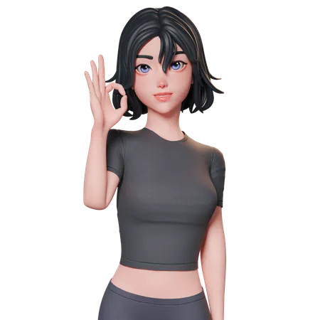 左手でOKのジェスチャーをしている黒い服を着たスポーティな女の子  3D Illustration