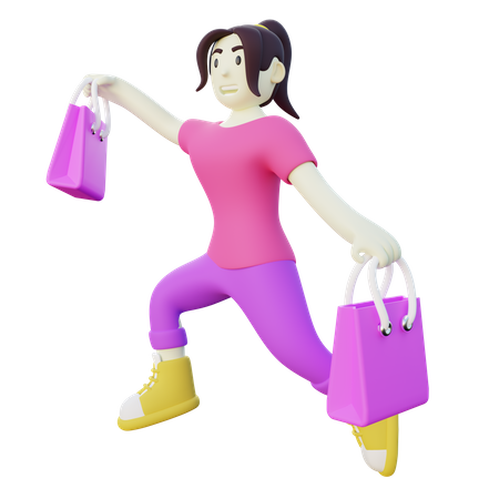 Springende glückliche Frau nach dem Einkaufen  3D Illustration