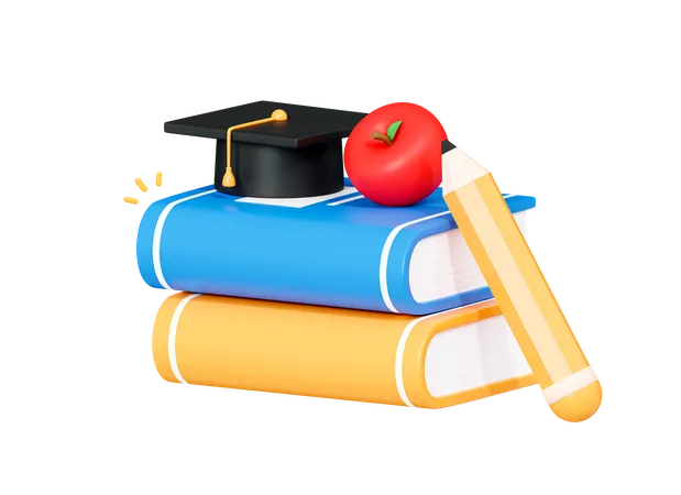 Stack Of Books With Graduation Hat And Apple  3D Icon