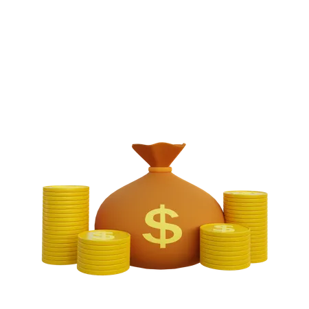 3 D Illustration Of Money Coin Bag And Stack Coin 3D Illustration
