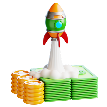 飛んでいるロケットとお金の山  3D Icon