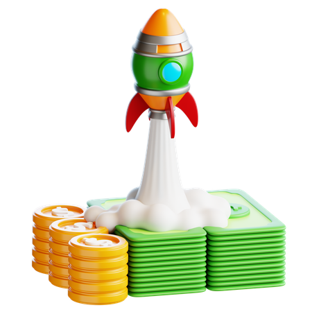 Stack of money with flying rocket  3D Icon