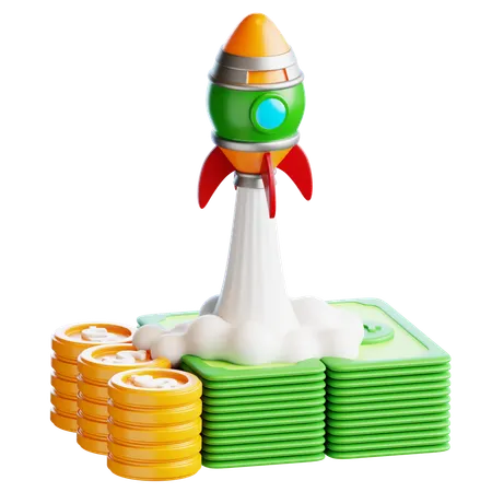 Stack of money with flying rocket  3D Icon