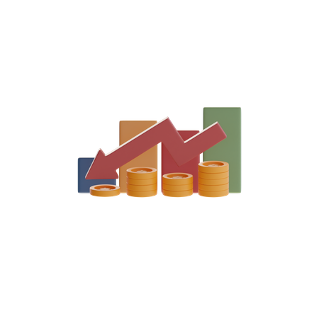 Stacked Coins With Downward Arrow And Bar Chart  3D Icon