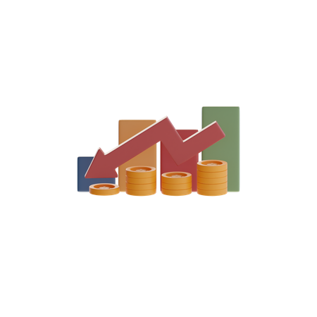 Stacked Coins With Downward Arrow And Bar Chart  3D Icon