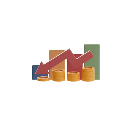 Stacked Coins With Downward Arrow And Bar Chart  3D Icon