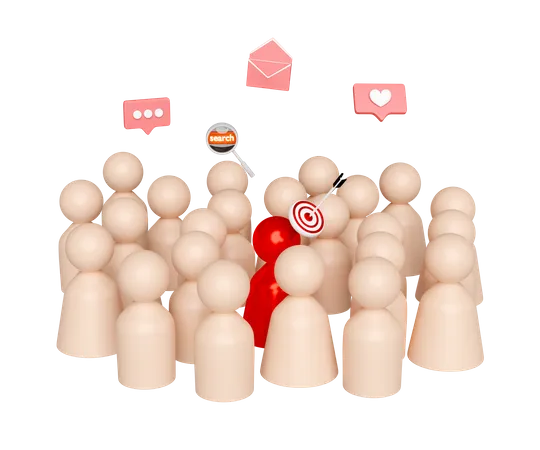 Wooden Figures Group With Target Darts Or Arrow Social Media Notifications Magnifying Envelope Isolated Recruitment Staff Concept 3D Icon