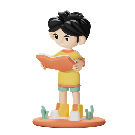 Standing Boy Reading a Book 3D Illustration