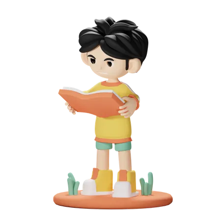 Standing Boy Reading a Book  3D Illustration