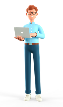 Businessman working on laptop while standing 3D Illustration