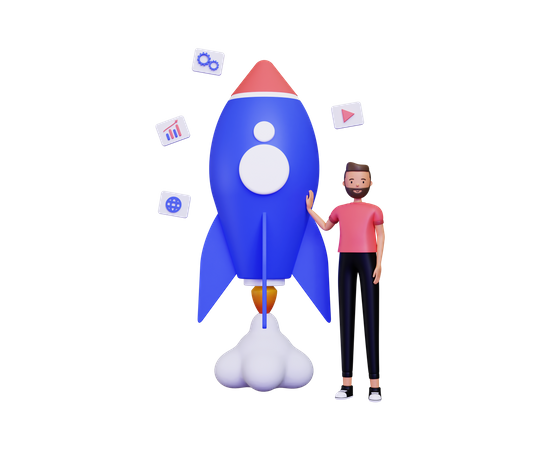 Das Leben eines Startups mit einem Mann neben einer Rakete  3D Illustration