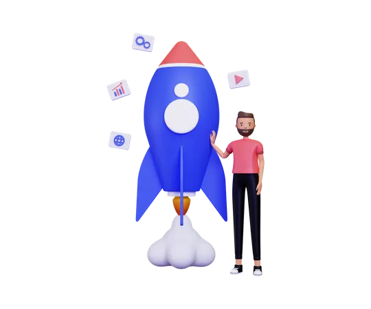 Das Leben eines Startups mit einem Mann neben einer Rakete  3D Illustration