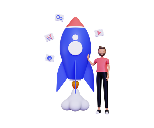 Startup life with a man standing next to a rocket  3D Icon