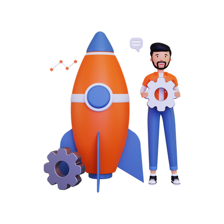 Startup with a business character holding a gear 3D Illustration