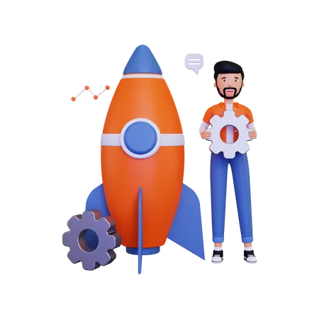 Startup with a business character holding a gear 3D Illustration