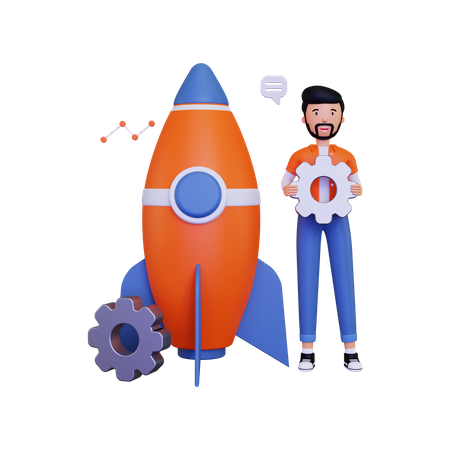 Startup with a business character holding a gear  3D Illustration