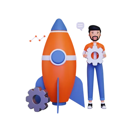 Startup with a business character holding a gear  3D Illustration