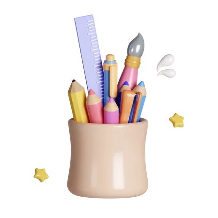 Cartoon Cute 3 D Cup With Education Office Supplies Ruler Pen Pencil Isolated On Background Icon Symbol Clipping Path 3 D Render Illustration 3D Icon