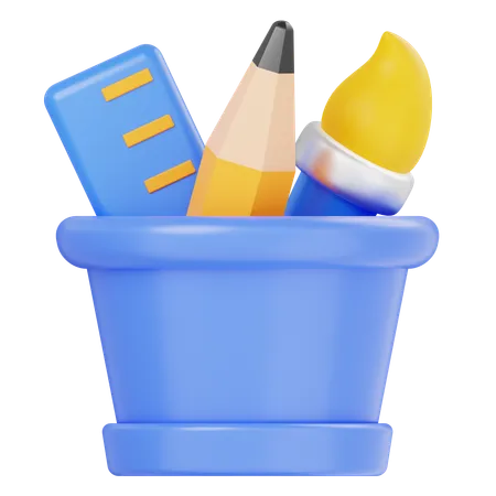 Stationery For Drawing Pencil Ruler Brush 3 D Icon With Blue And Yellow Colors 3D Icon