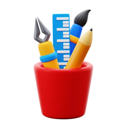 Pencil Pen Ruler Brush On Cup Of Glass For Office Student Supply Tools 3 D Icon Illustration 3D Icon