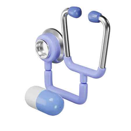 Medical Equipment Stethoscope And Pills 3D Icon