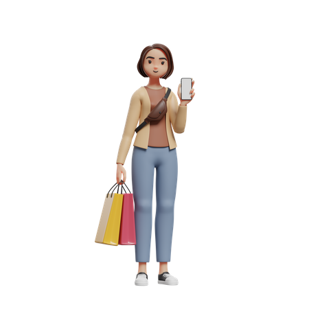 Stehende Frau mit Einkaufstüten und Handy-Bildschirm  3D Icon