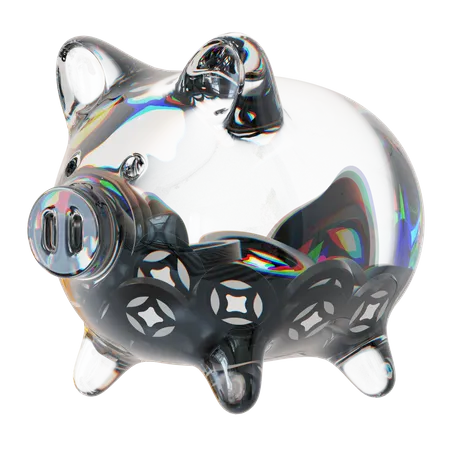 Stg-Sparschwein aus klarem Glas mit abnehmendem Stapel an Kryptomünzen  3D Icon