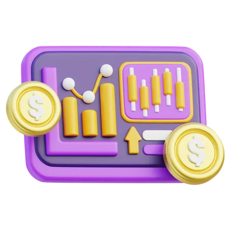 3 D Stock Market Analytics And Investment Opportunities Through Bar Graphs And Line Charts On A Purple Platform Complemented By Gold Dollar Coins Representing Financial Growth And Market Trends 3D Icon