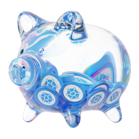 Storj – Sparschwein aus klarem Glas mit abnehmendem Stapel an Kryptomünzen  3D Icon