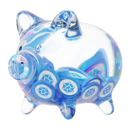 Storj – Sparschwein aus klarem Glas mit abnehmendem Stapel an Kryptomünzen  3D Icon