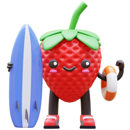 Strawberry Cartoon Ready For Surfing Adventure  3D Illustration