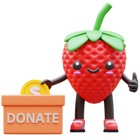 Strawberry Donating Coin Into Donation Box  3D Illustration